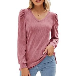 Blingfit Womens Long Puff Sleeve Tops Dressy Casual Tunic Shirts Ladies V Neck E